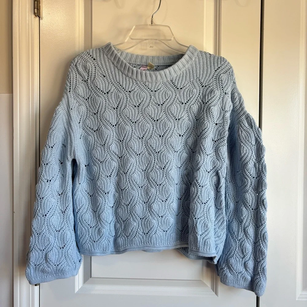BN2 Alya Baby Blue Cable Knit Crochet Sweater‎ Puffed Slouchy Sleeve Large